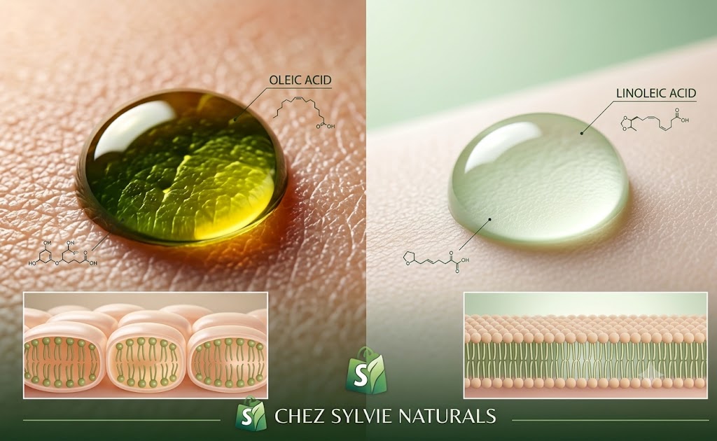 Split-screen botanical skincare science graphic showing an oleic acid oil droplet on skin next to a cell structure diagram on the left, and a lightweight linoleic acid droplet next to a lipid bilayer diagram on the right, branded for Chez Sylvie Naturals.