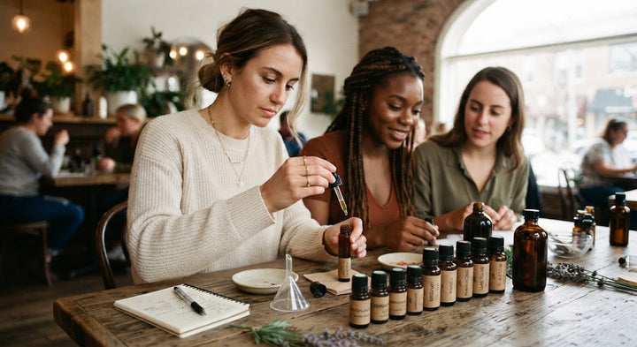 ladies blending essential oils in workshop